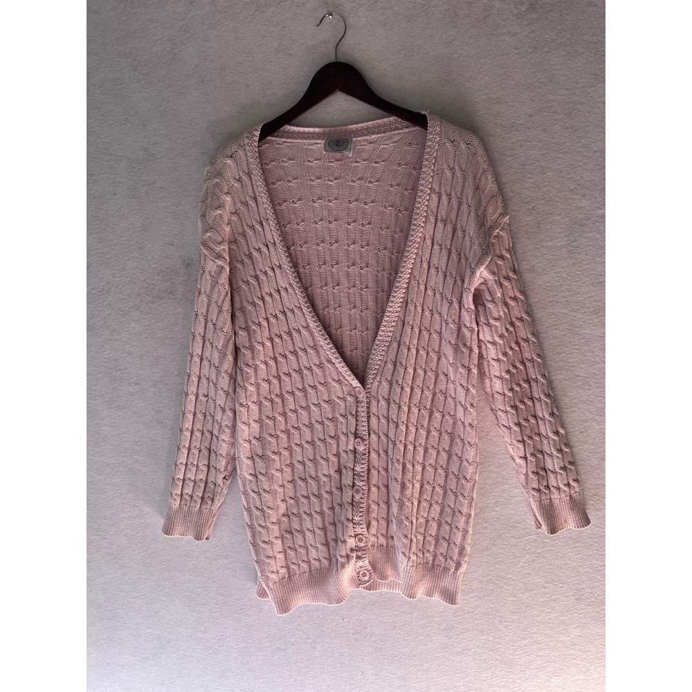 Cape Isle Knitters Pink Cable Knit Cardigan V-Neck Button Front Longline Sweater